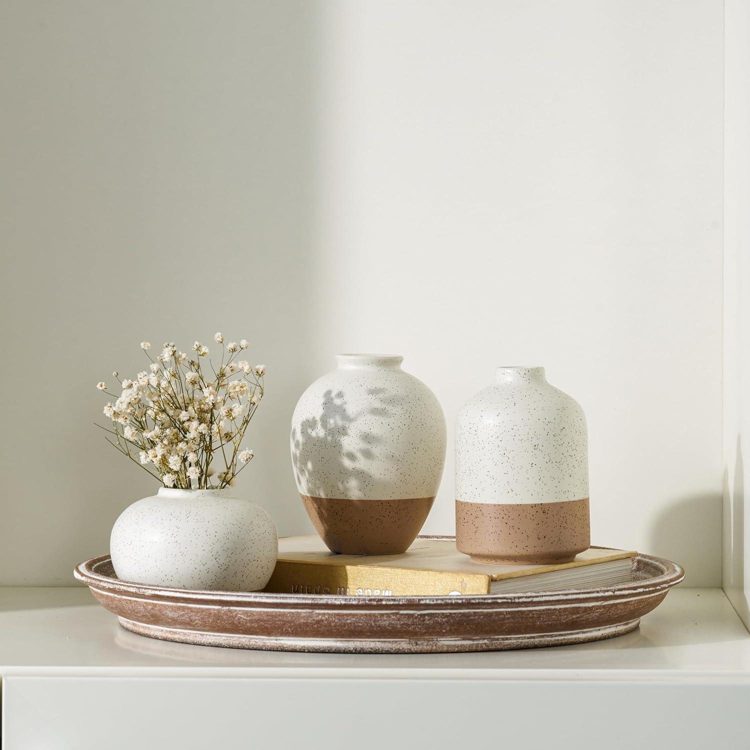 Ceramic Vase Set of 3 Rustic Farmhouse Decor Beige Brown