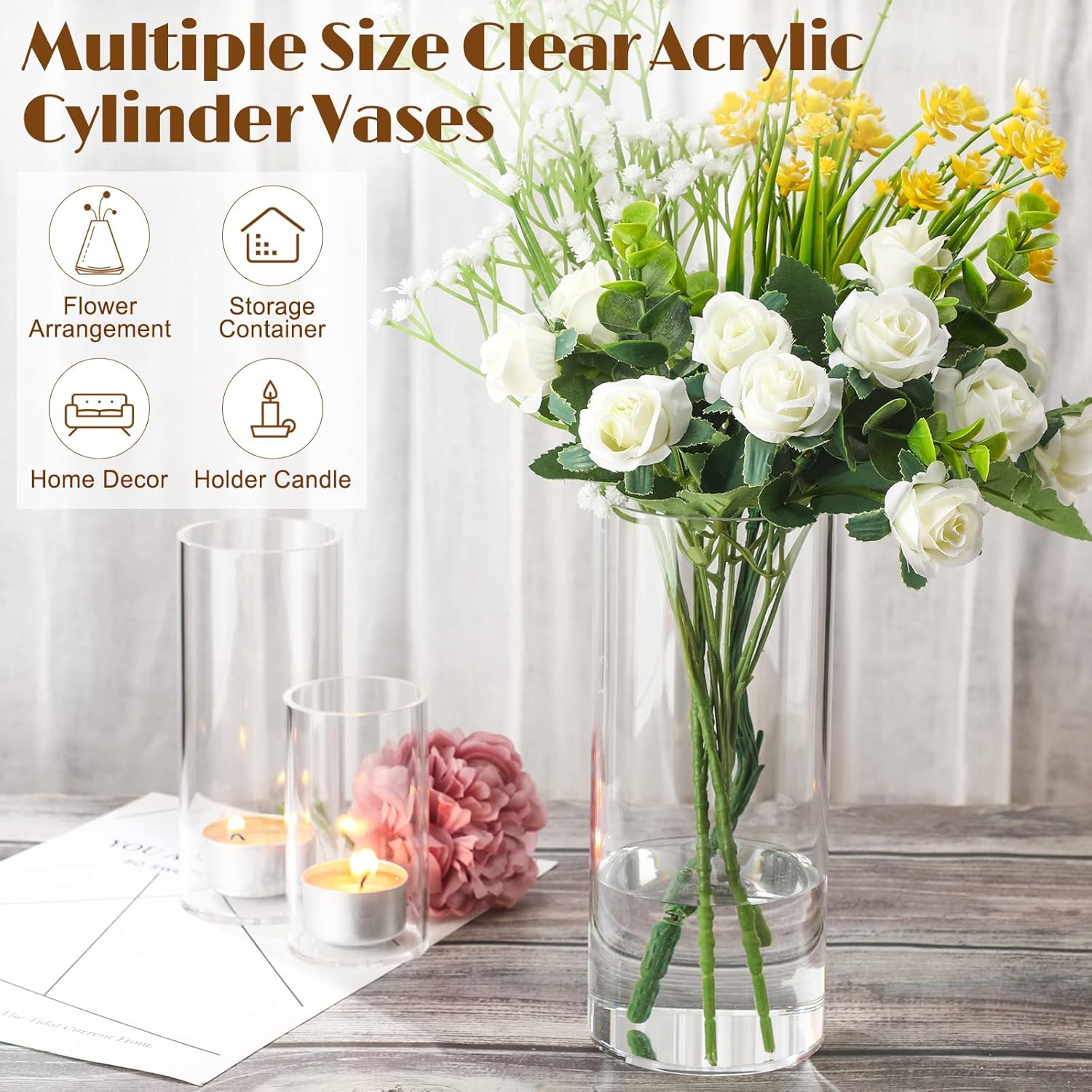 Eaasty 4 Pcs Acrylic Cylinder Flower Vases for Centerpieces and Floating Candles