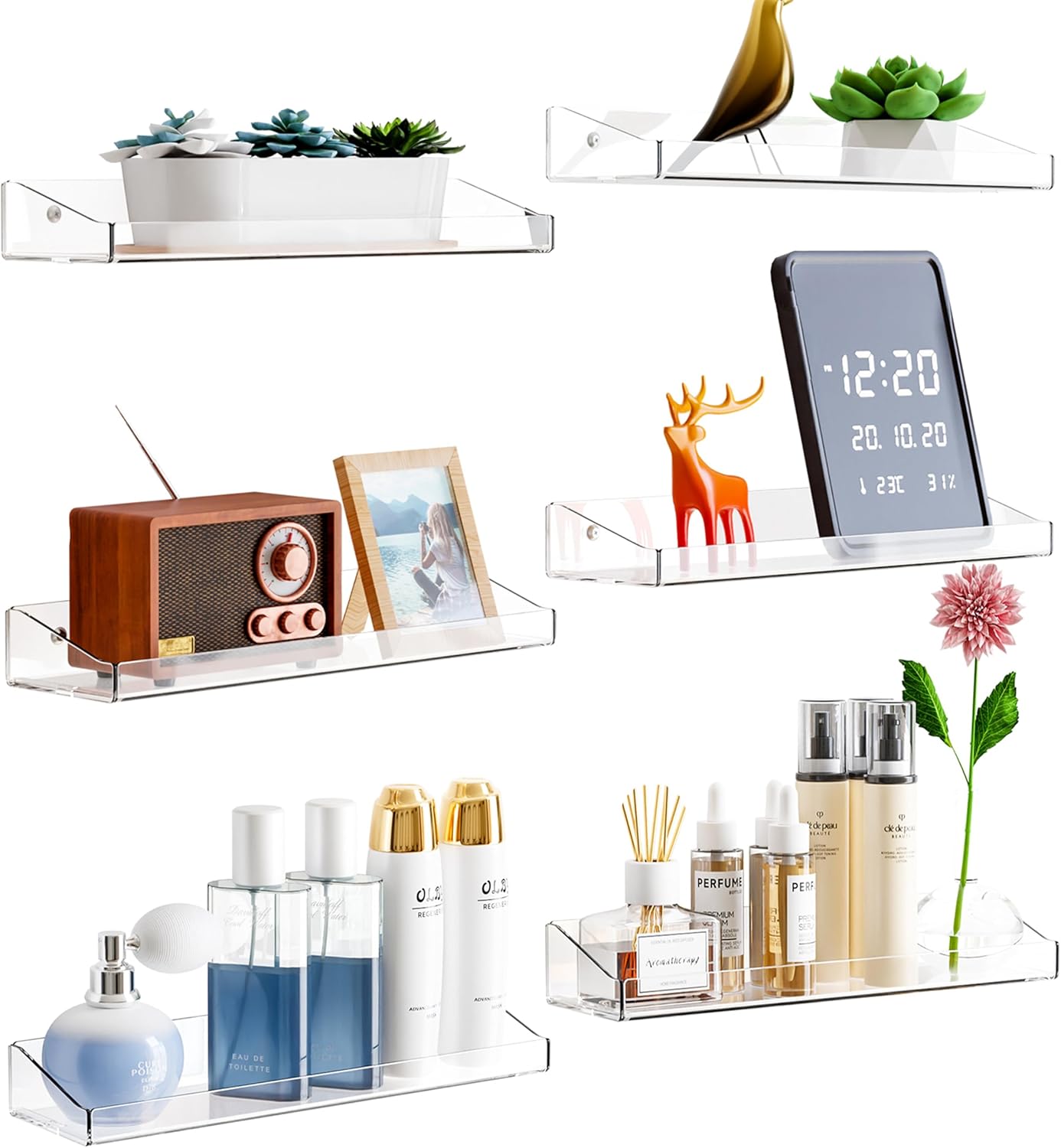 6 Pack Clear Floating Shelves for Wall Storage