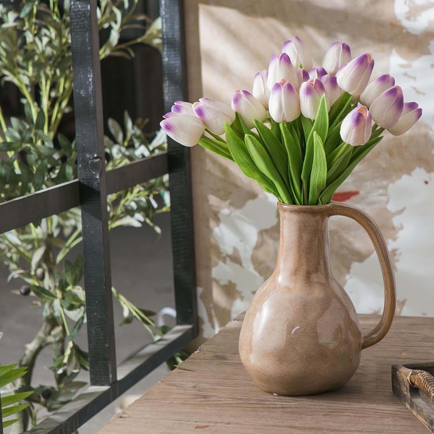 Brown Ceramic Vase with Big Handle Rustic Farmhouse Decor