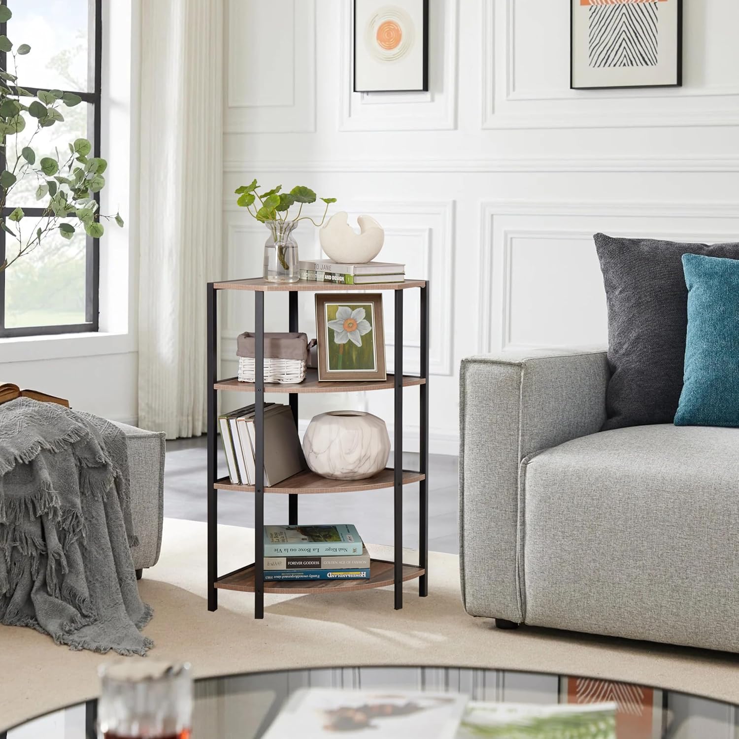 JOIN IRON 4-Tier Corner Bookshelf with Plant Stand