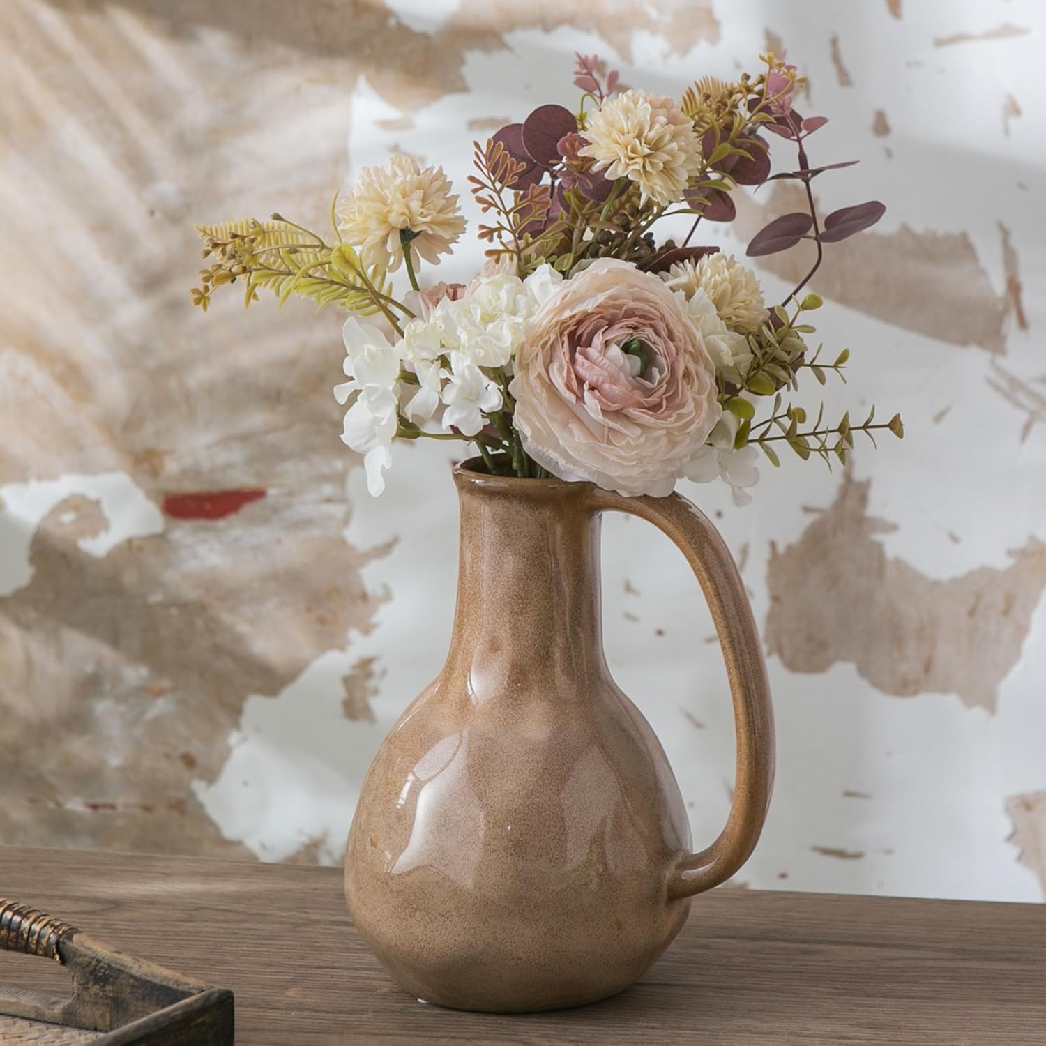 Brown Ceramic Vase with Big Handle Rustic Farmhouse Decor