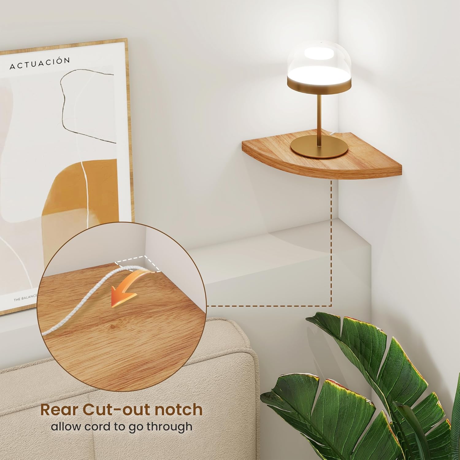 Fun Memories Corner Shelf Wall Mount Solid Oak Wood Floating Shelves with Cable Hole 7in Rustic Design for Home