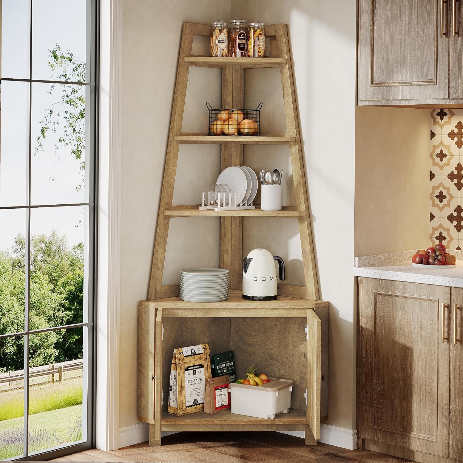 Tribesigns 709 Inch Tall Corner Shelf with Storage Cabinet