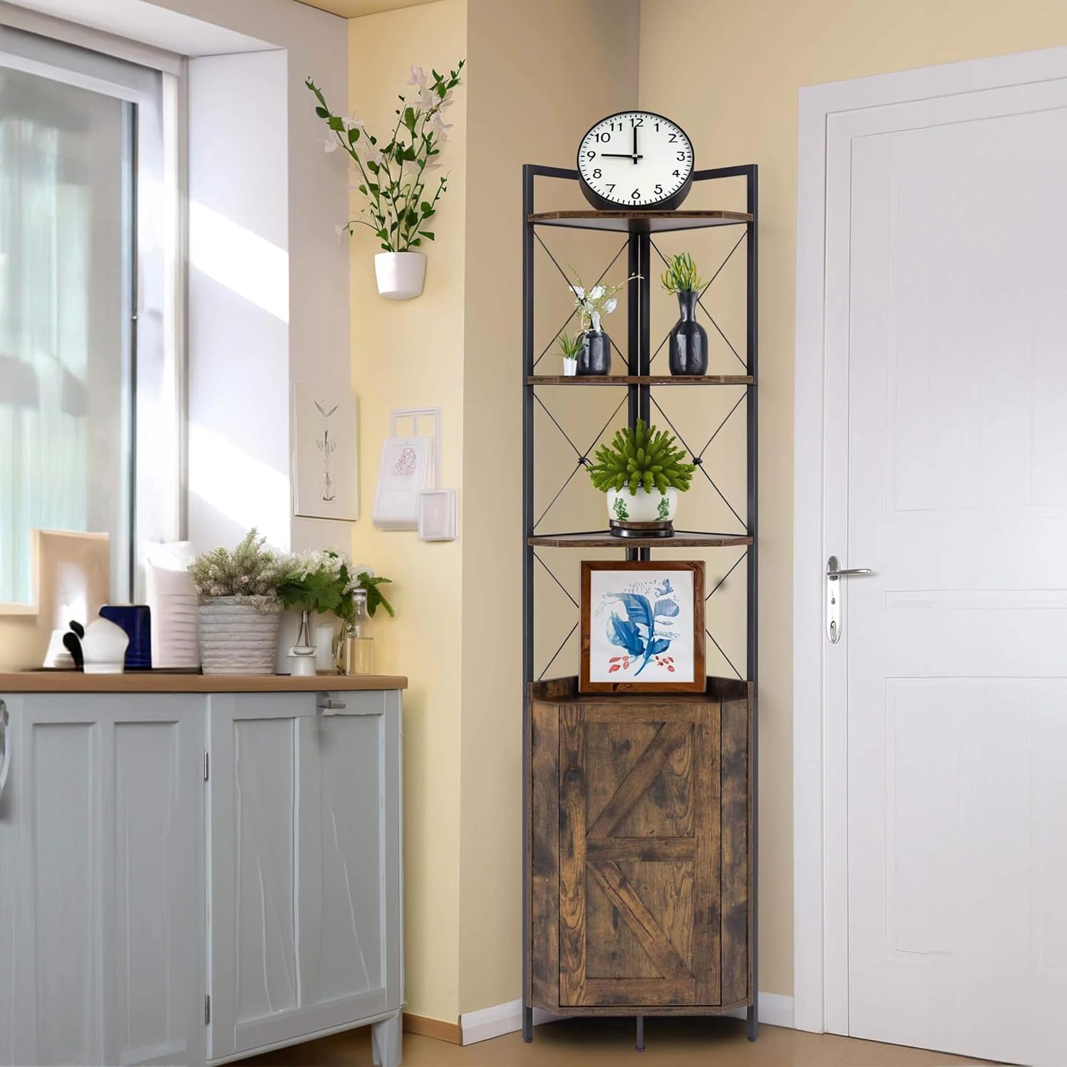 Finnhomy Corner Shelf with Cabinet 71 Inches Rustic Bookshelf