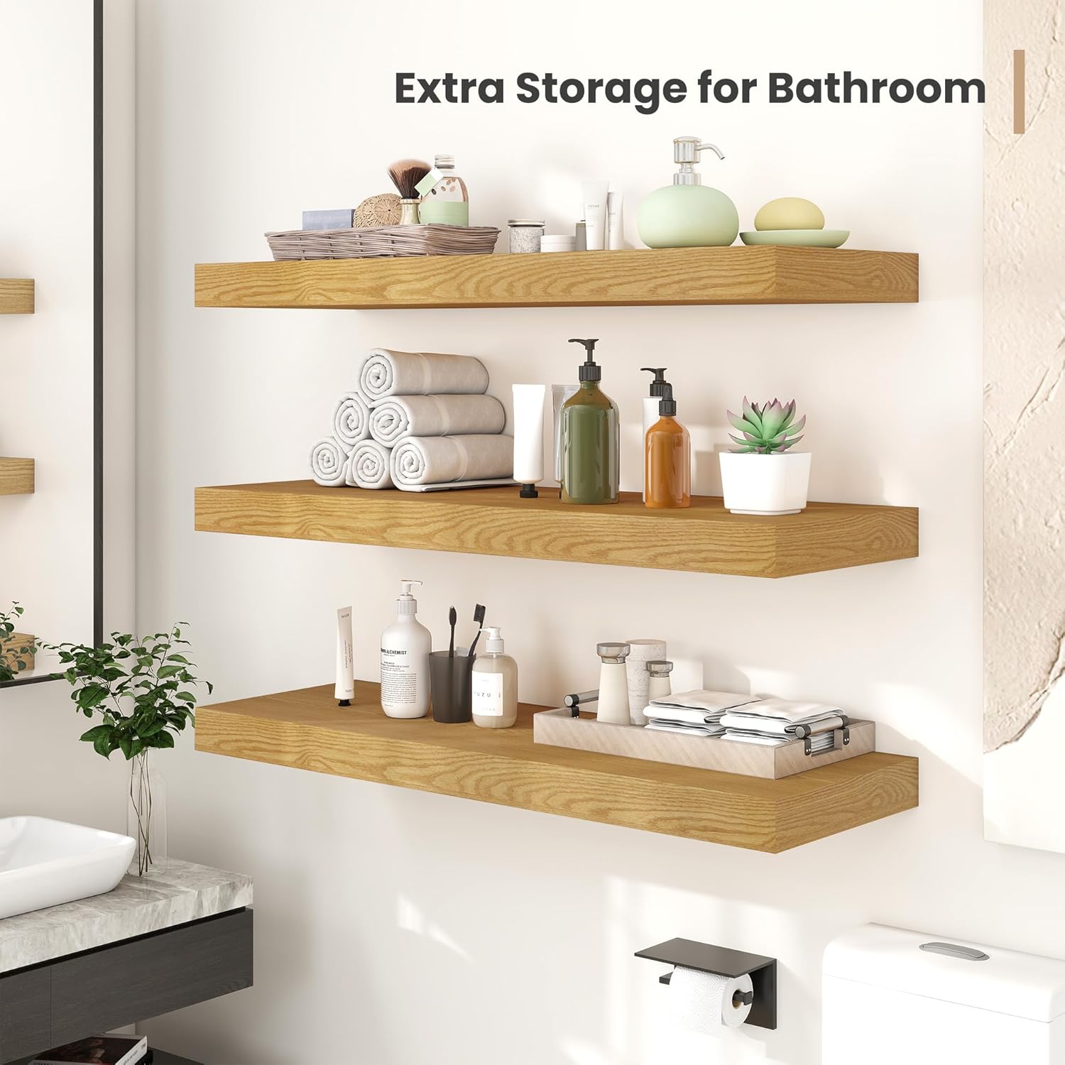 12 Inch Deep Floating Shelves with Invisible Brackets Oak 2 Pack