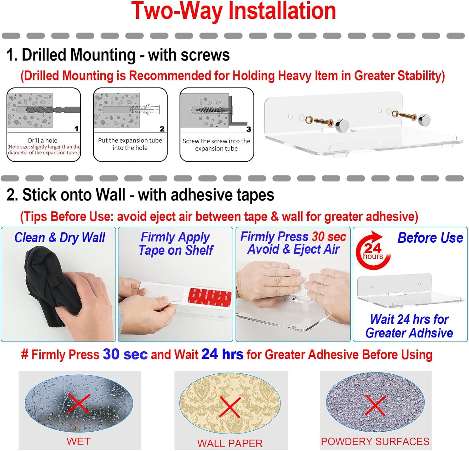 Cosmos Set of 2 Acrylic Floating Wall Shelves for Home Office Decor