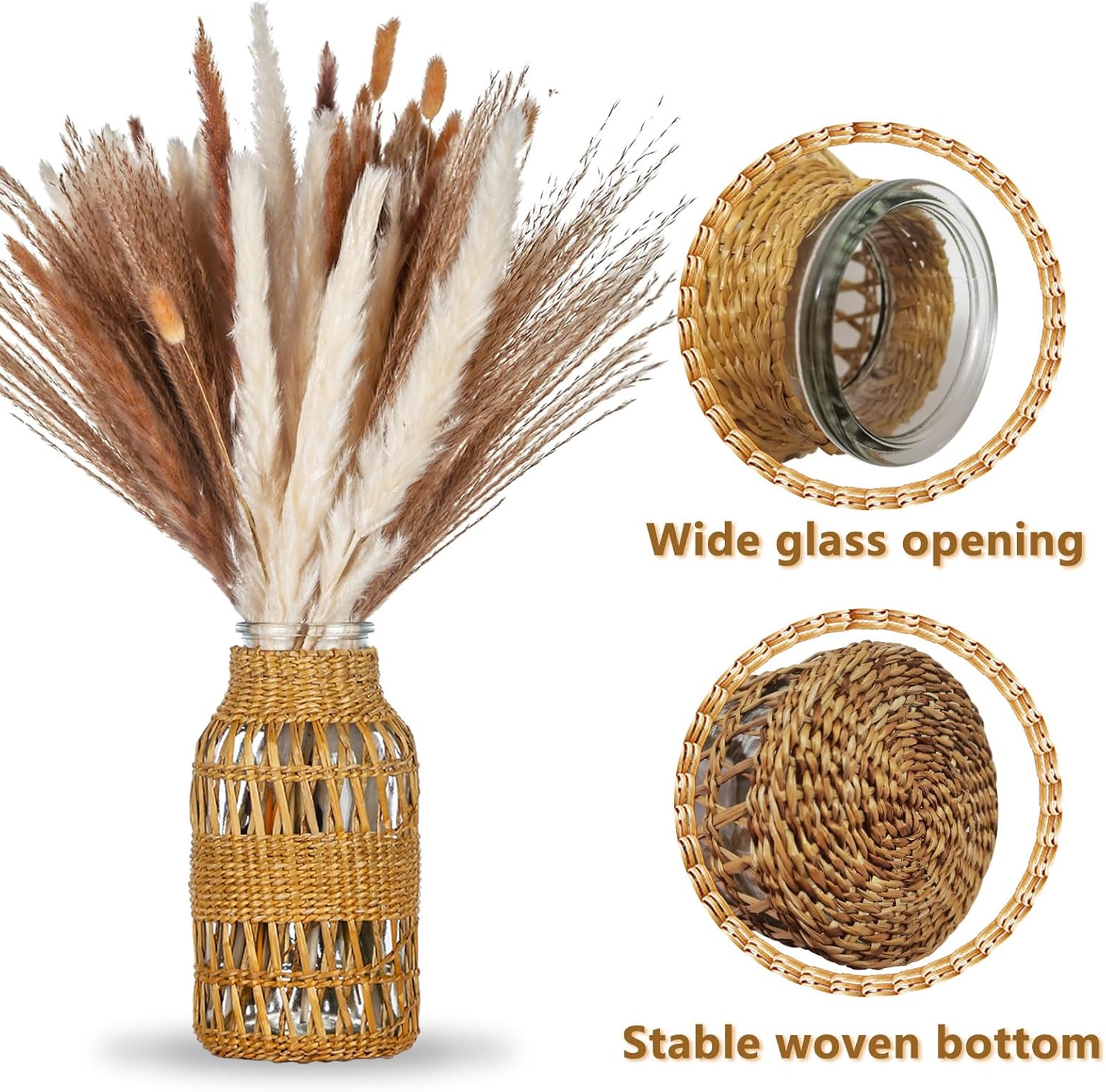 WHJY Boho Vase - Large Rattan Covered Glass Jar for Home Decor