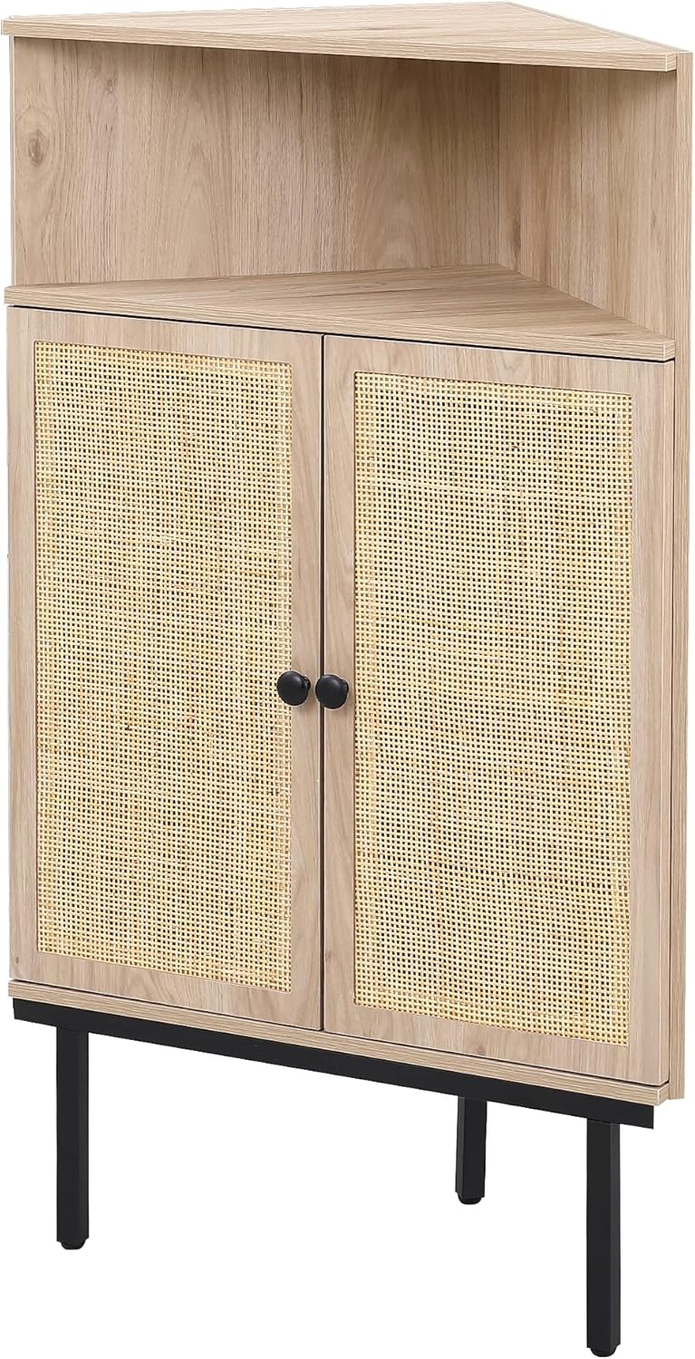 Xiao Wei 39 Inch Boho Corner Cabinet with Rattan Doors