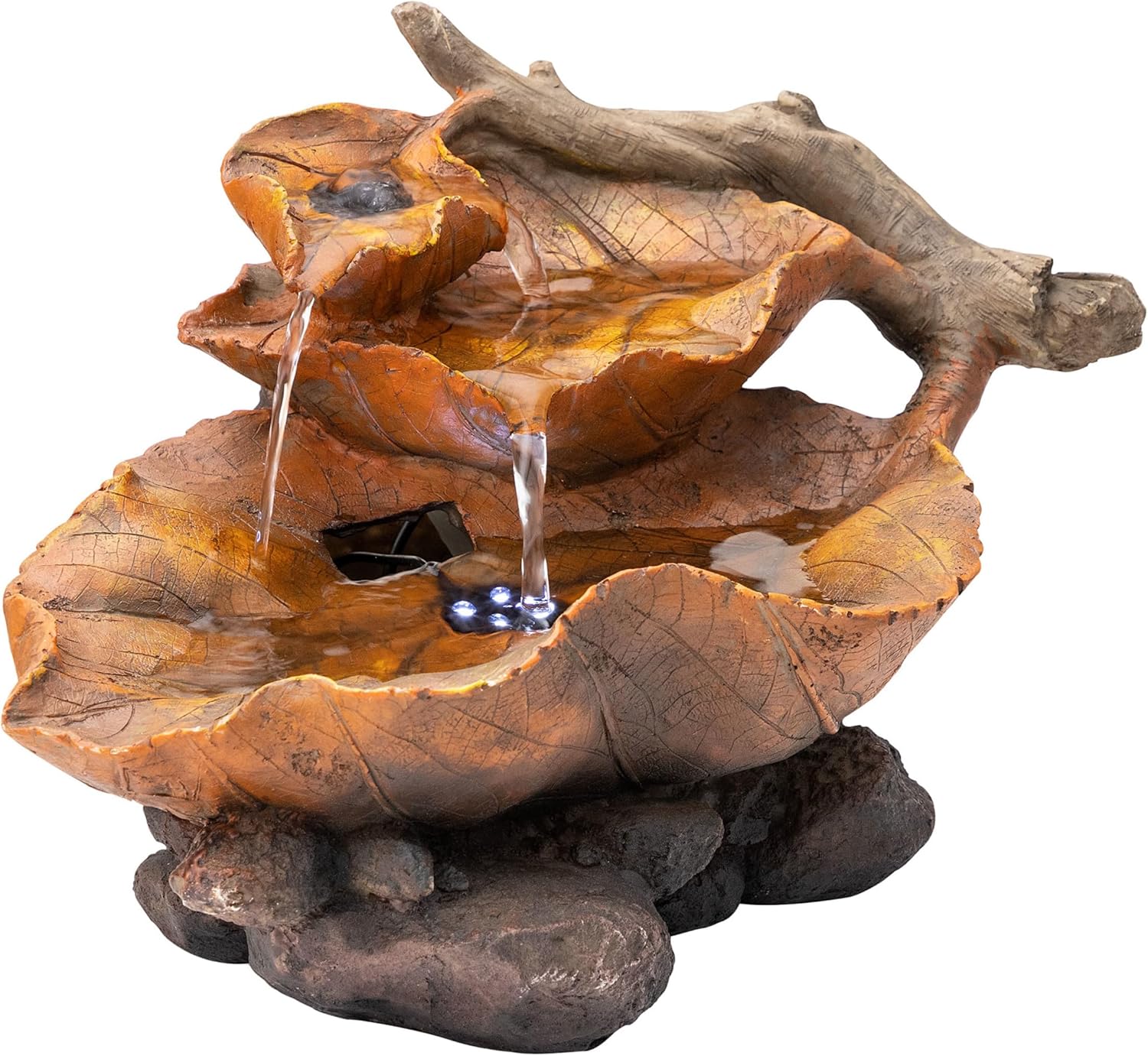 Alpine Corporation 9 Tall Indoor Tabletop Tiered Leaf Hand-Painted Fountain with LED Lights