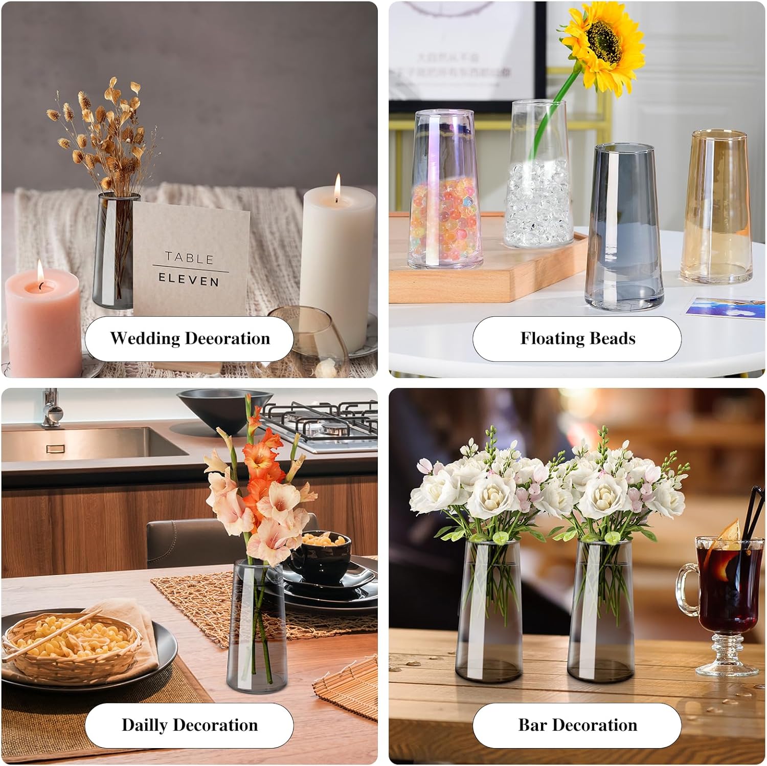 Clear Glass Flower Vase for Home Decor - Modern Small Gray Vase