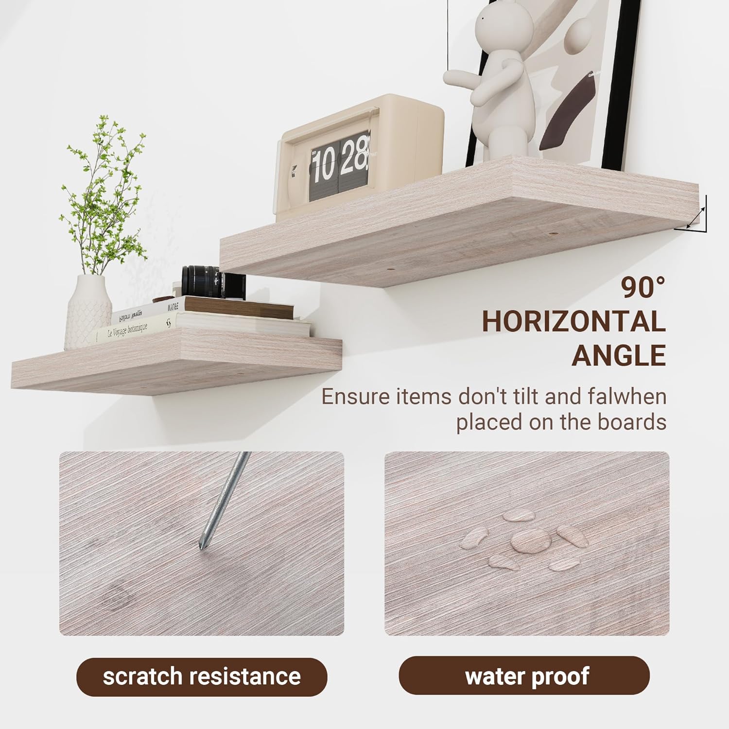 24 Inch Floating Shelves with Washed White Wood Grain