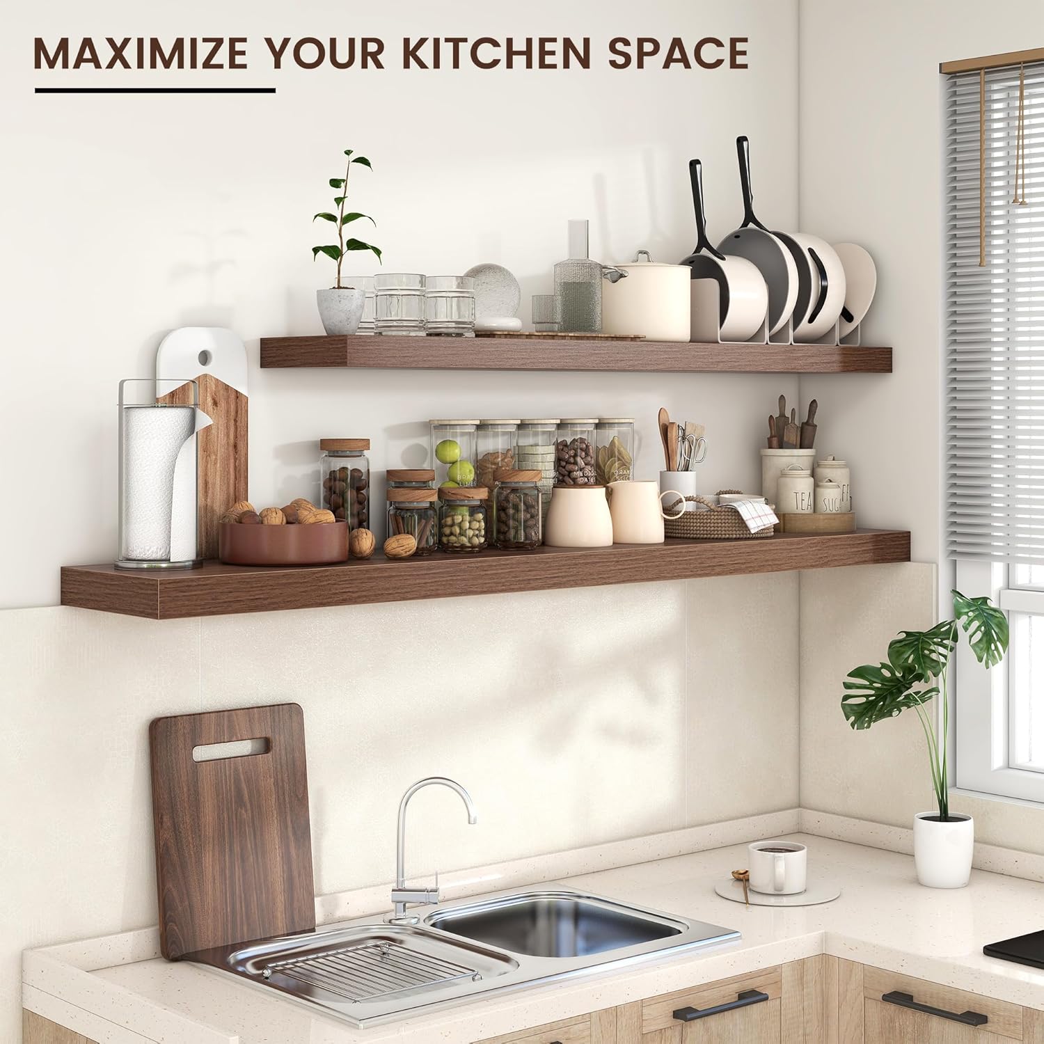 Venusmiles 55W x 10D Floating Wall Shelf Walnut