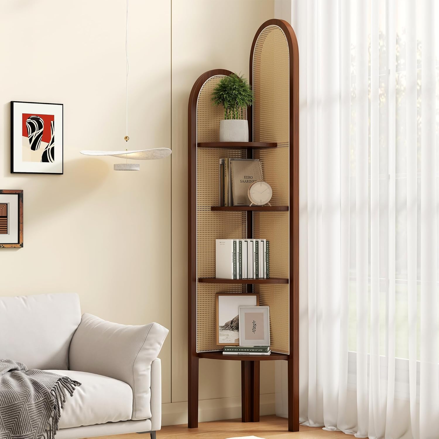 4 Tier Corner Shelf Stand Solid Wood Boho Rattan Shelves with Wicker Weave for Bedroom Living Room