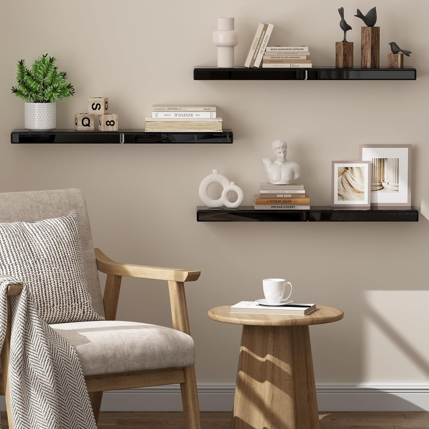SHYFOY Black Glass Floating Shelves Set of 3