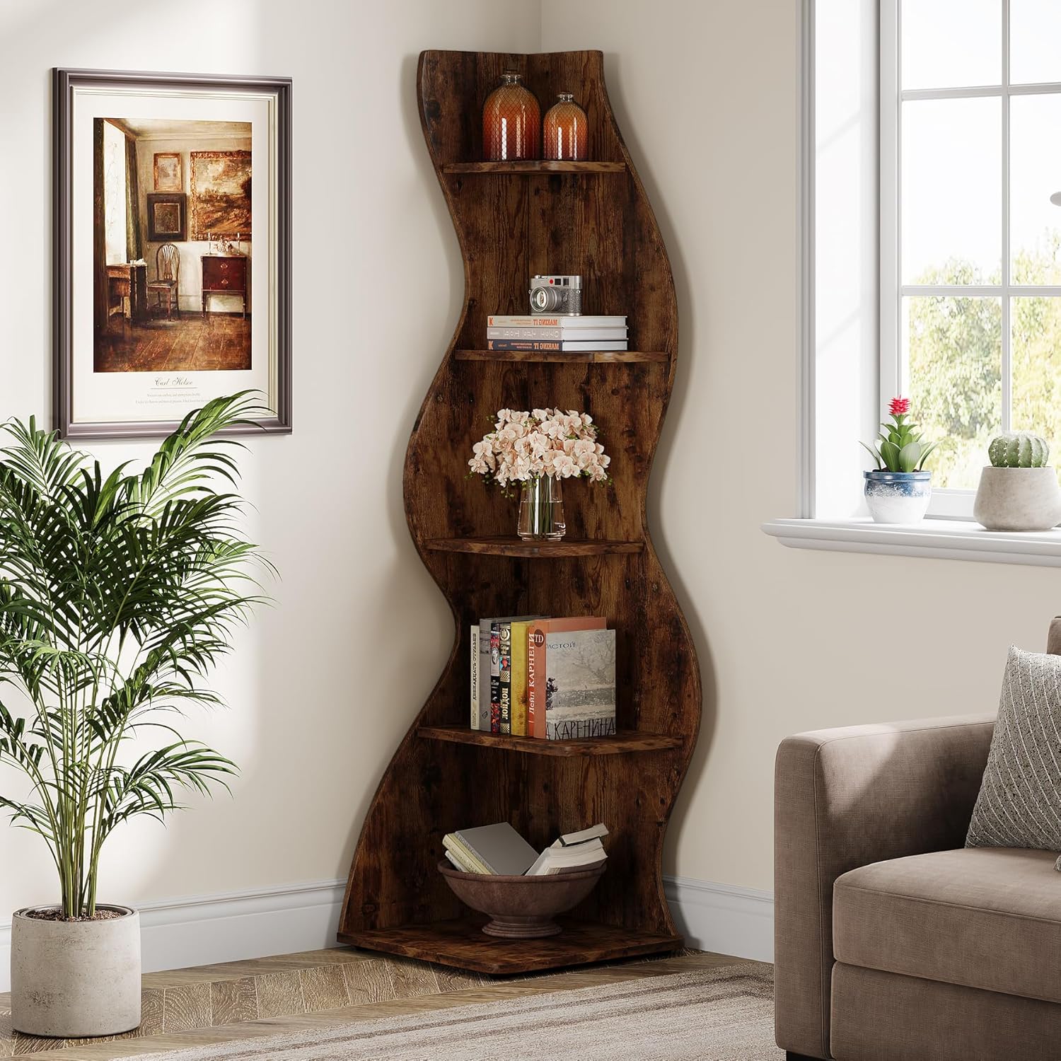 Tribesigns Wavy Corner Shelf 5-Tier Bookcase with Curvy Design for Modern Living Room