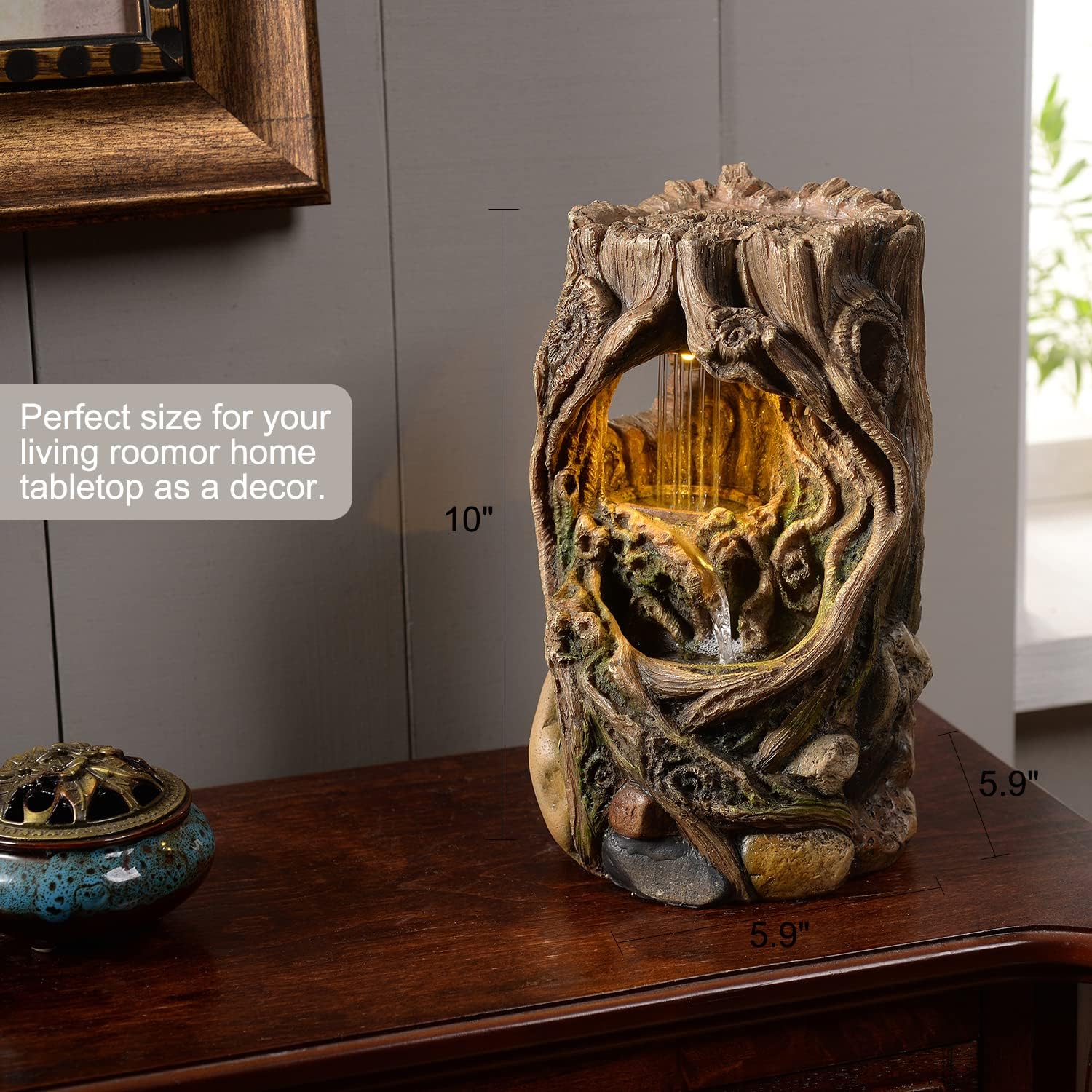 GOSSI Indoor Fountain Tabletop Stump Waterfall Decor