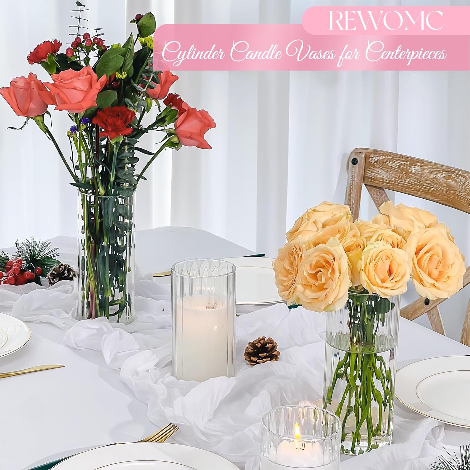 6 Pcs Clear Glass Cylinder Vases Set 8 Inch Tall for Centerpieces and Decorations