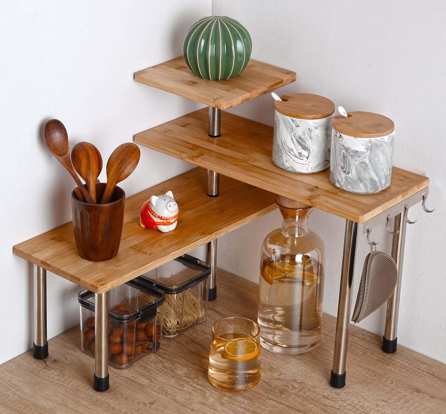 HYNAWIN 3 Tier Corner Shelf Bamboo Metal Organizer