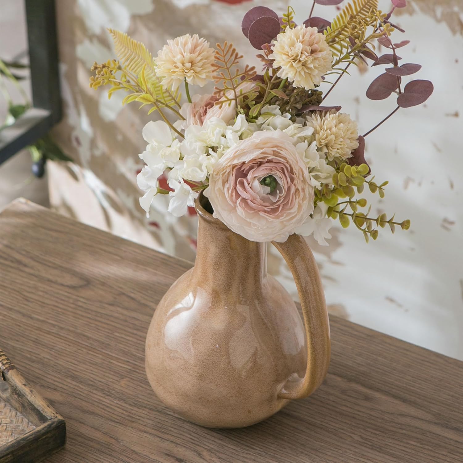 Brown Ceramic Vase with Big Handle Rustic Farmhouse Decor