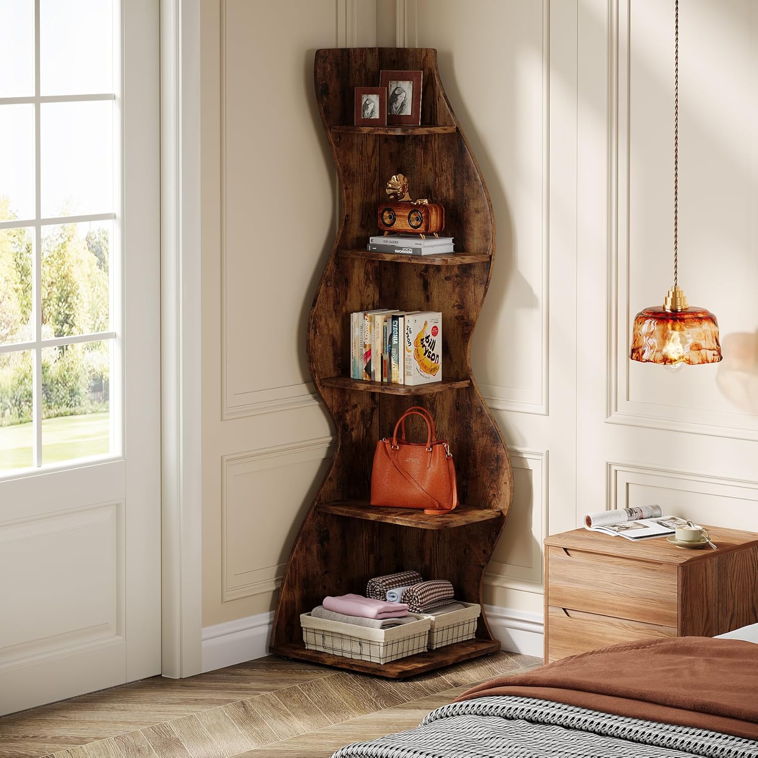 Tribesigns Wavy Corner Shelf 5-Tier Bookcase with Curvy Design for Modern Living Room