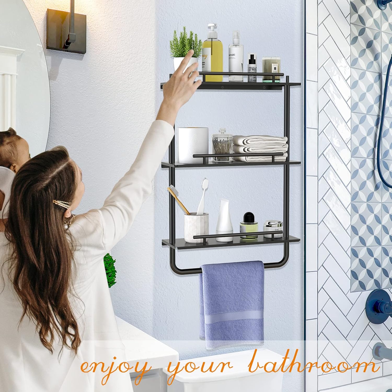 3 Tier Floating Shelves Black with Frame and Towel Rack