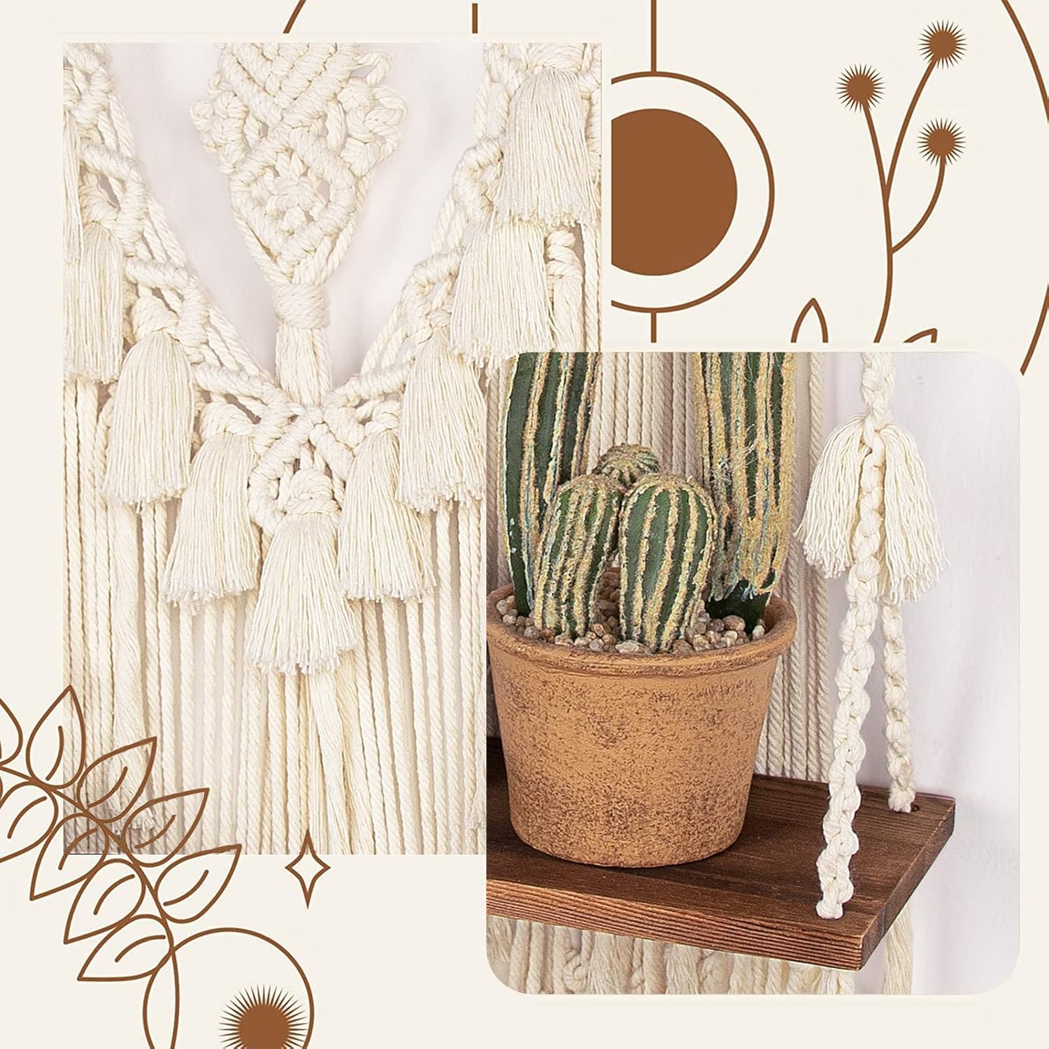 ANROYE 2 Tier Boho Wall Hanging Shelf