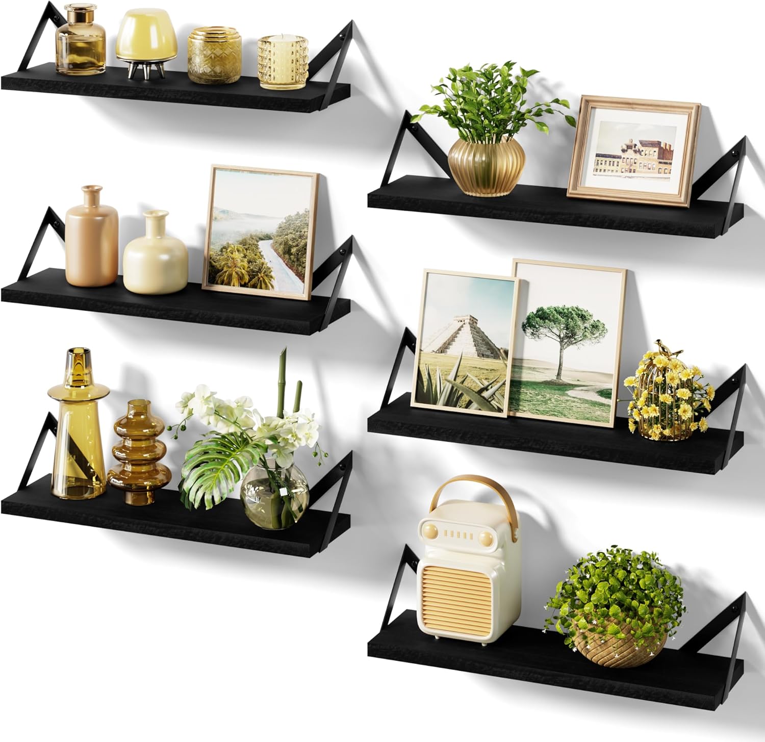 SRIWATANA Weathered Black Floating Shelves Set of 6