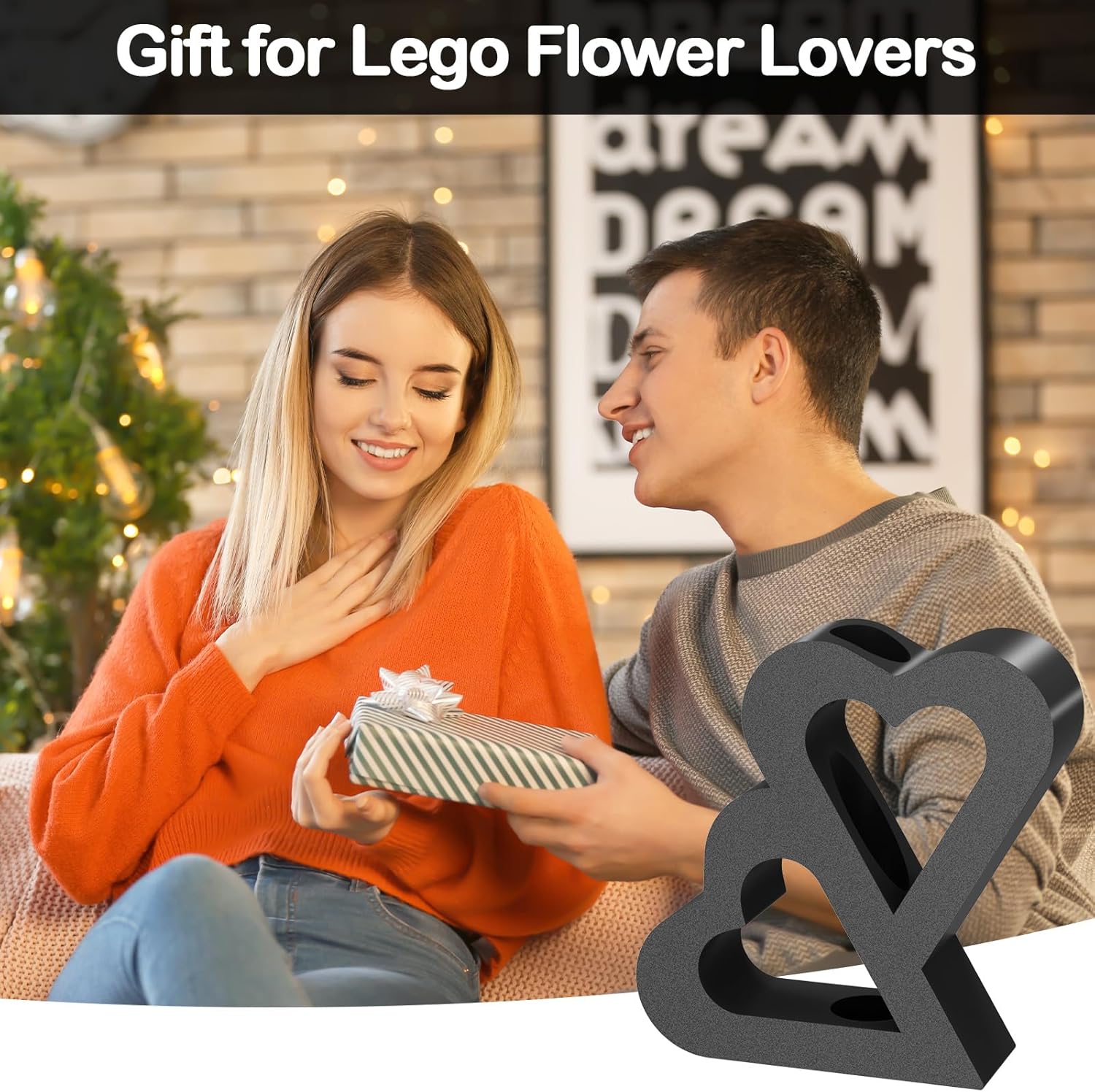 Double Heart Vase for LEGO Flower Display - Black