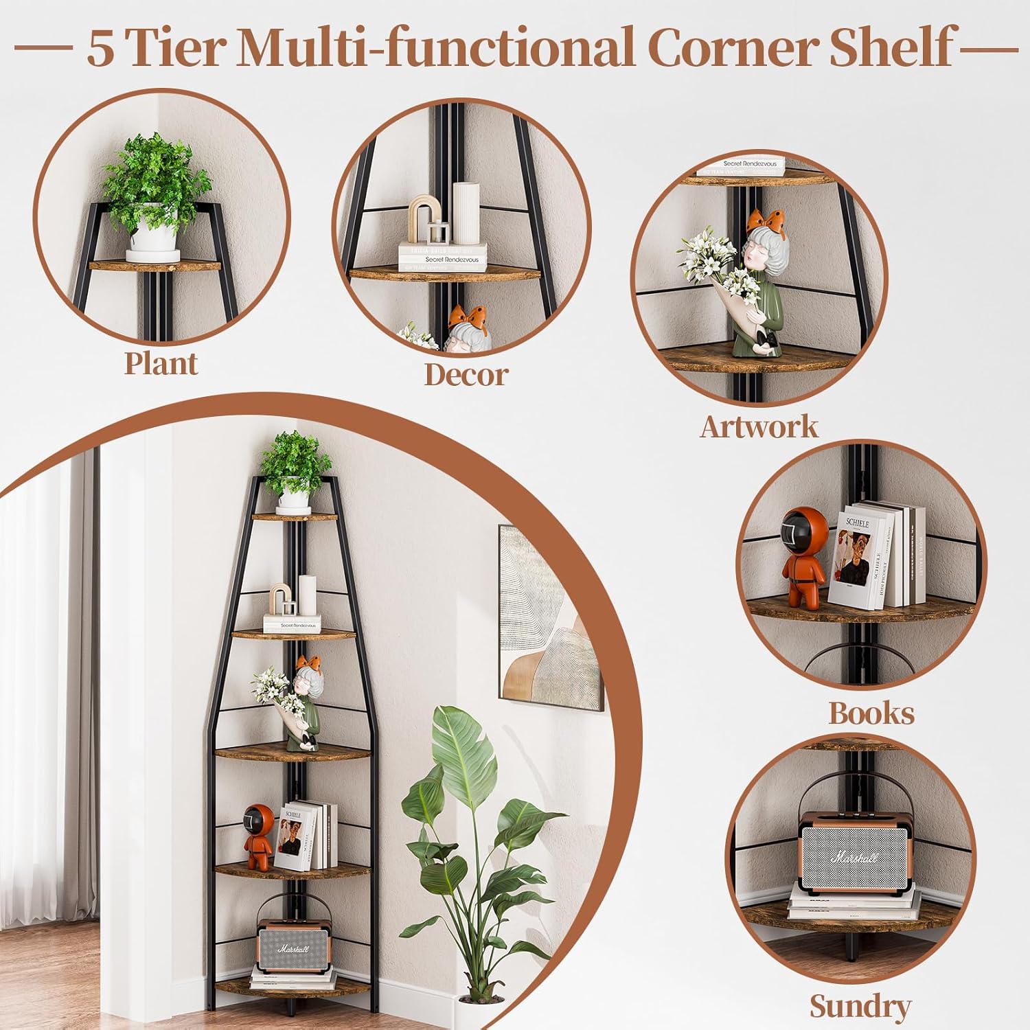 Rustic Tall Corner Ladder Shelf 5 Tier Industrial Bookshelf