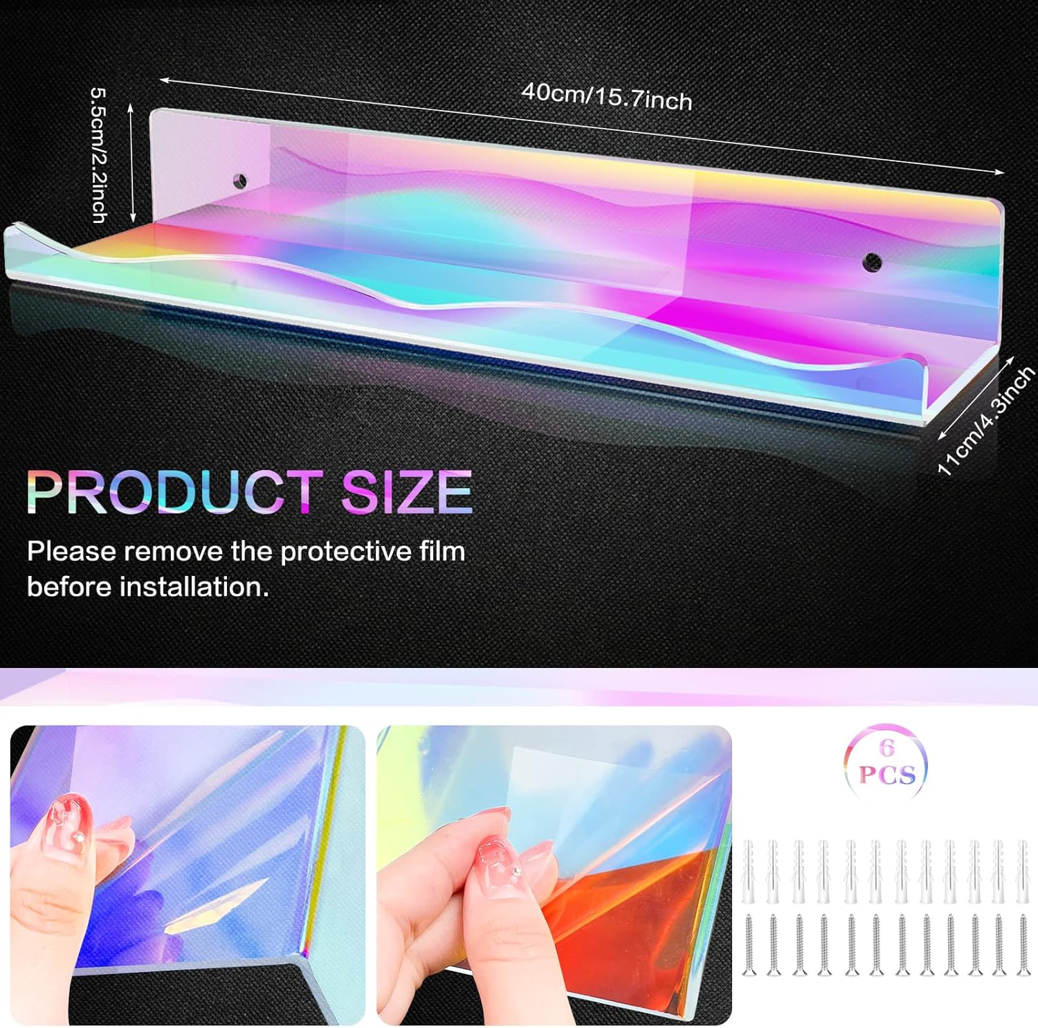 Iridescent Clear Floating Shelves 6 Pack for Home Display