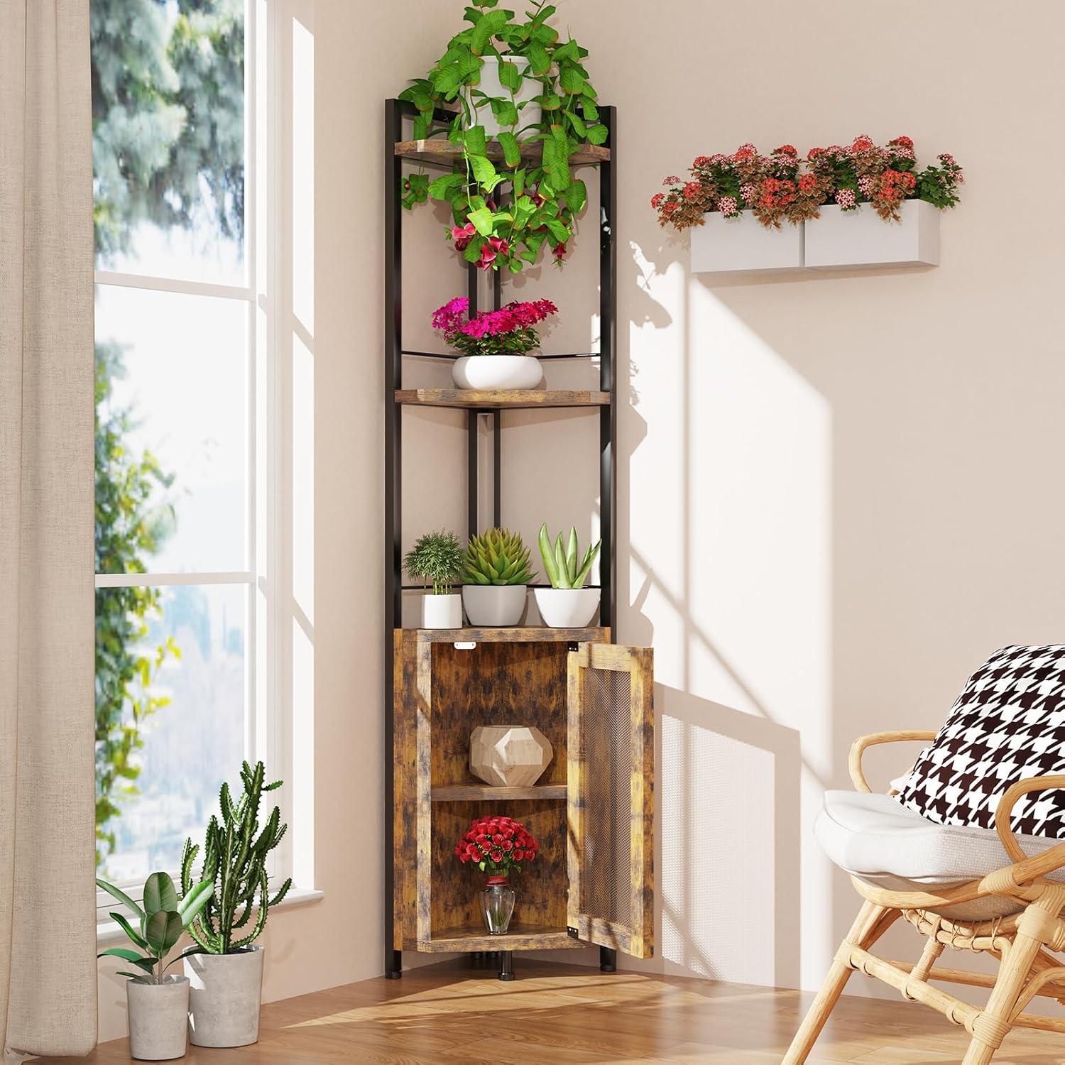 RGB Light Bar Iron Wood Corner Shelf Stand