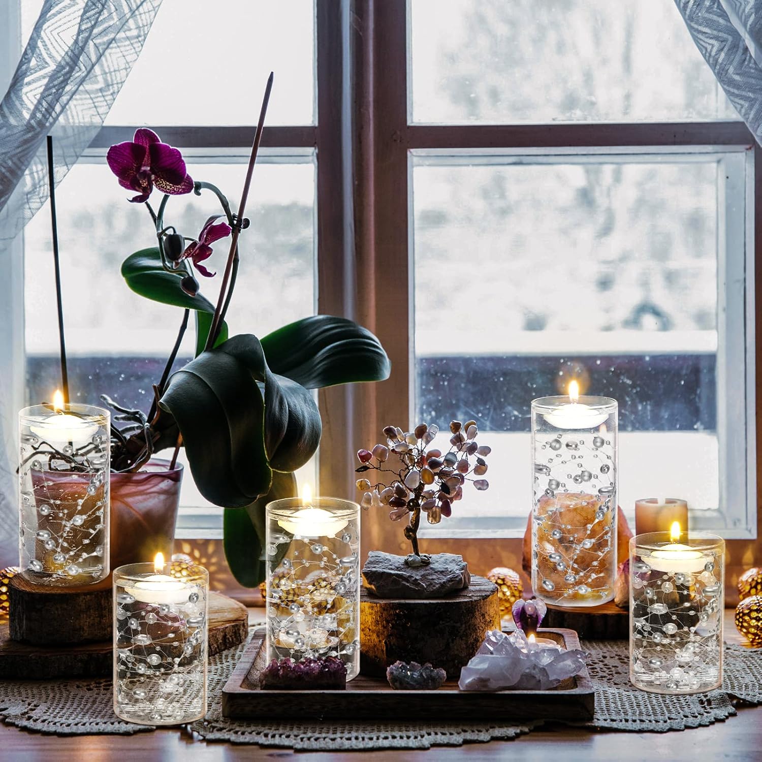 Hoolerry 9 Piece Clear Glass Cylinder Vases with Floating Candles and Pearl Strings for Wedding Table Decor