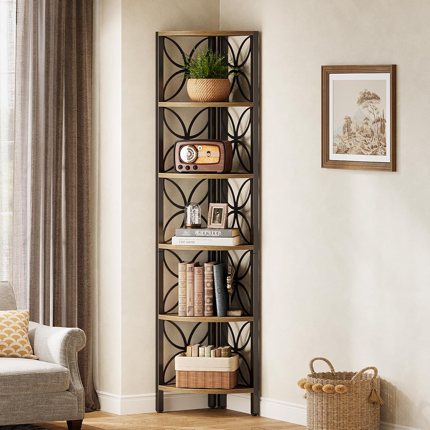Tribesigns 6-Tier Corner Bookshelf Rustic Industrial Design