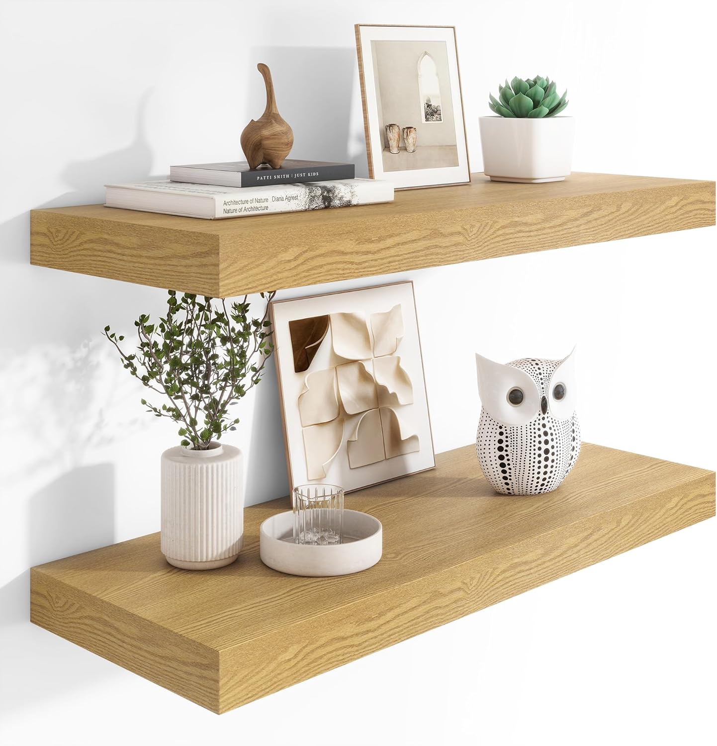 12 Inch Deep Floating Shelves with Invisible Brackets Oak 2 Pack