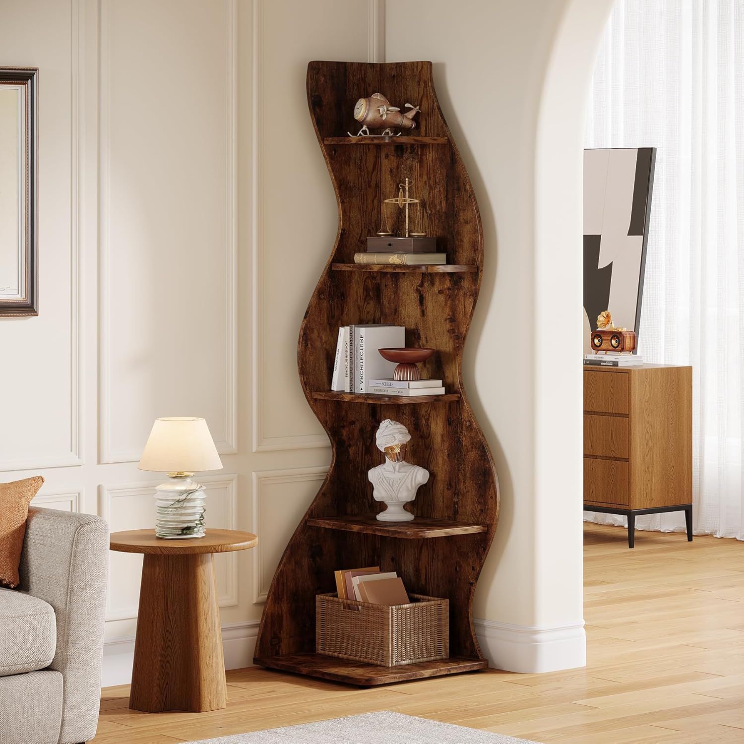 Tribesigns Wavy Corner Shelf 5-Tier Bookcase with Curvy Design for Modern Living Room