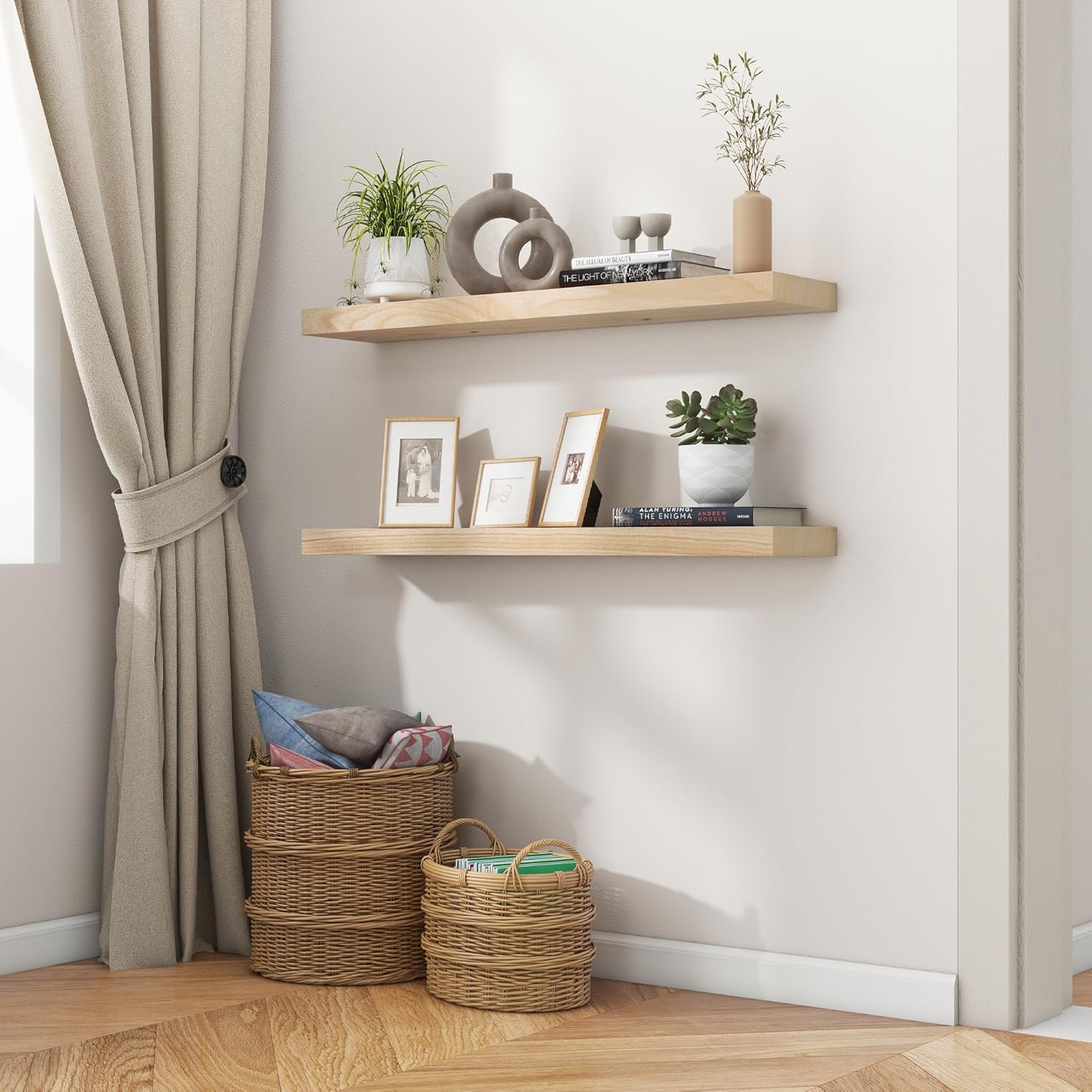 Fuqing Natural Wood Floating Shelves 36 Inch Set of 2
