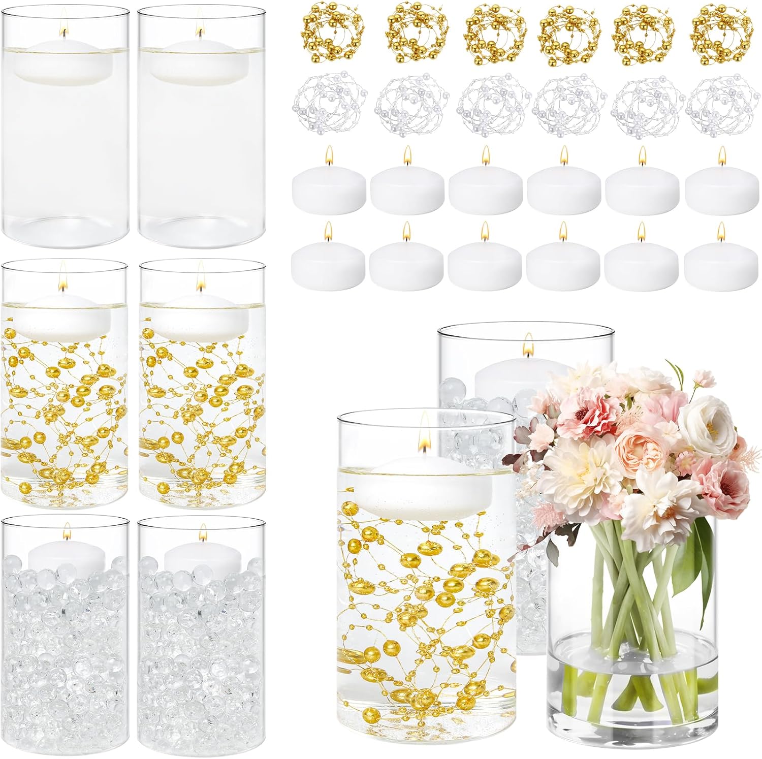 12 Pack White Floating Candles with Glass Cylinder Vases for Centerpieces
