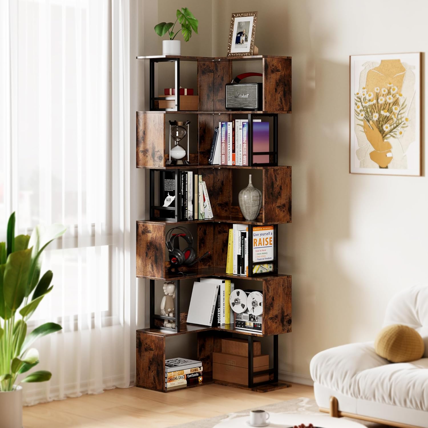 7 Tier Corner Bookshelf - Brown Tall Industrial Design