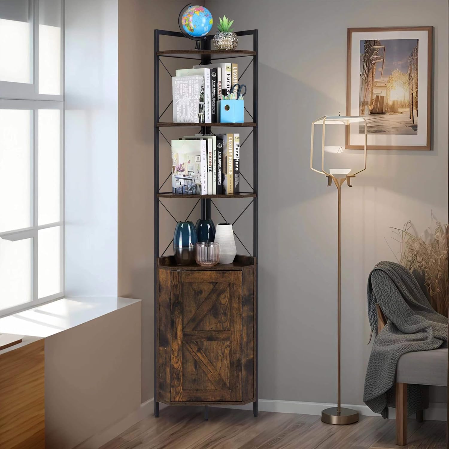 Finnhomy Corner Shelf with Cabinet 71 Inches Rustic Bookshelf