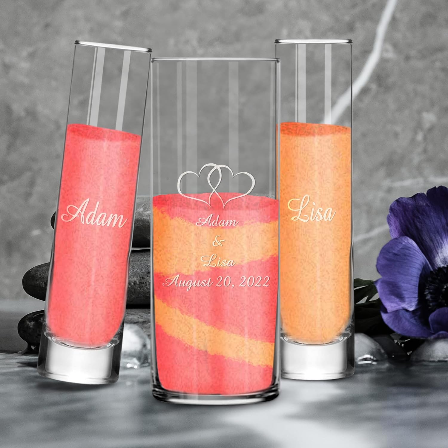 Personalized Unity Sand Ceremony Set with Double Heart Vases