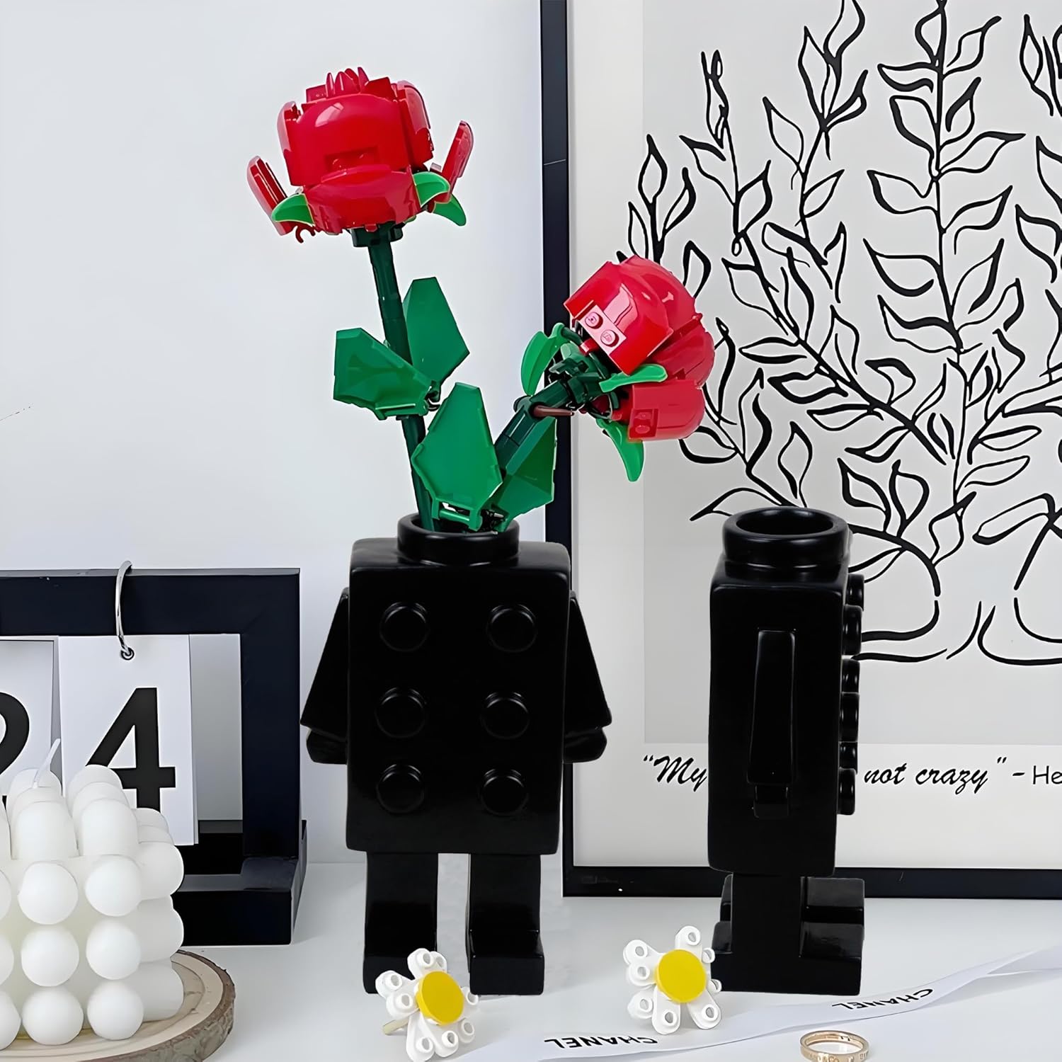 Building Block Vase for Flower Decor Unique Resin Vase Gift Black