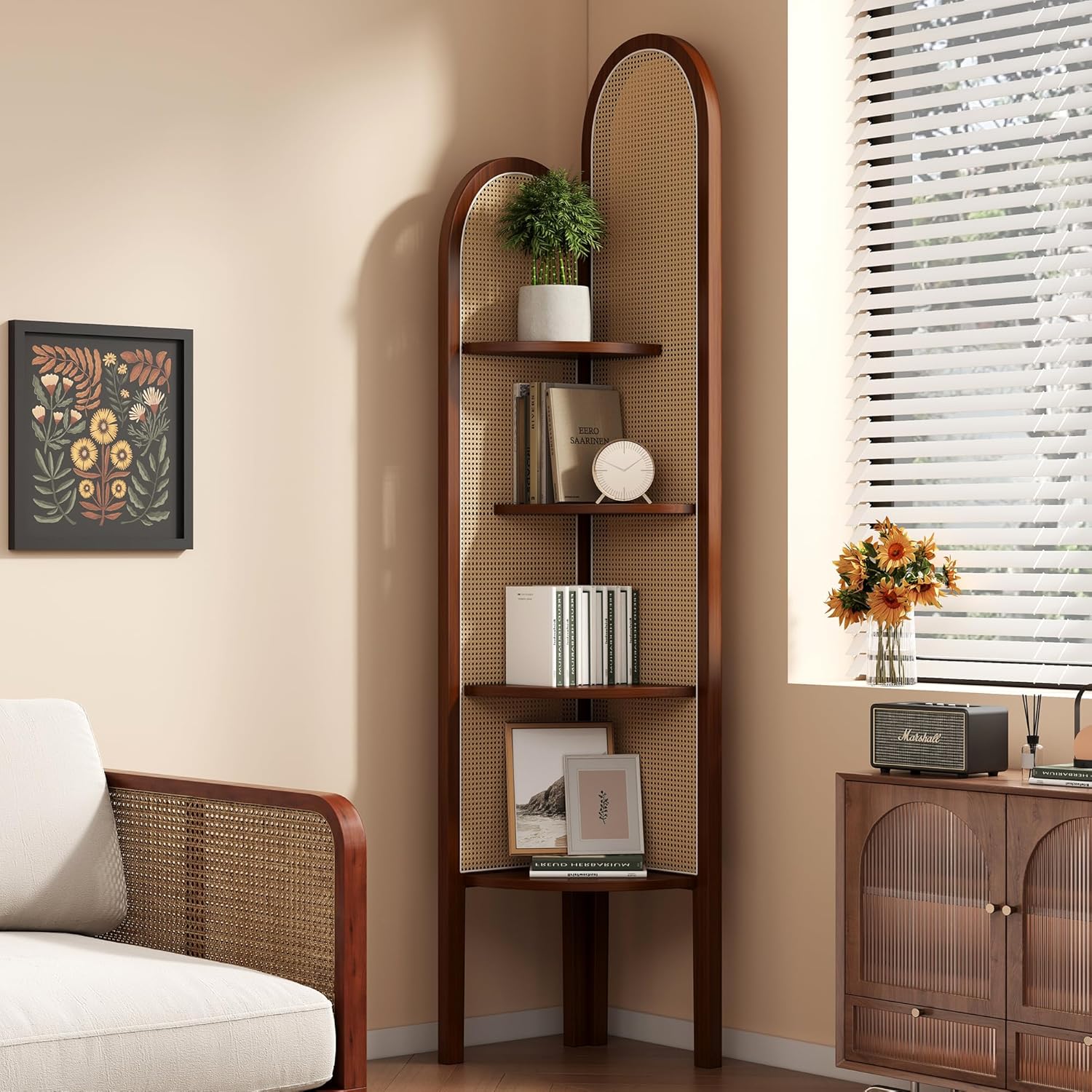 4 Tier Corner Shelf Stand Solid Wood Boho Rattan Shelves with Wicker Weave for Bedroom Living Room