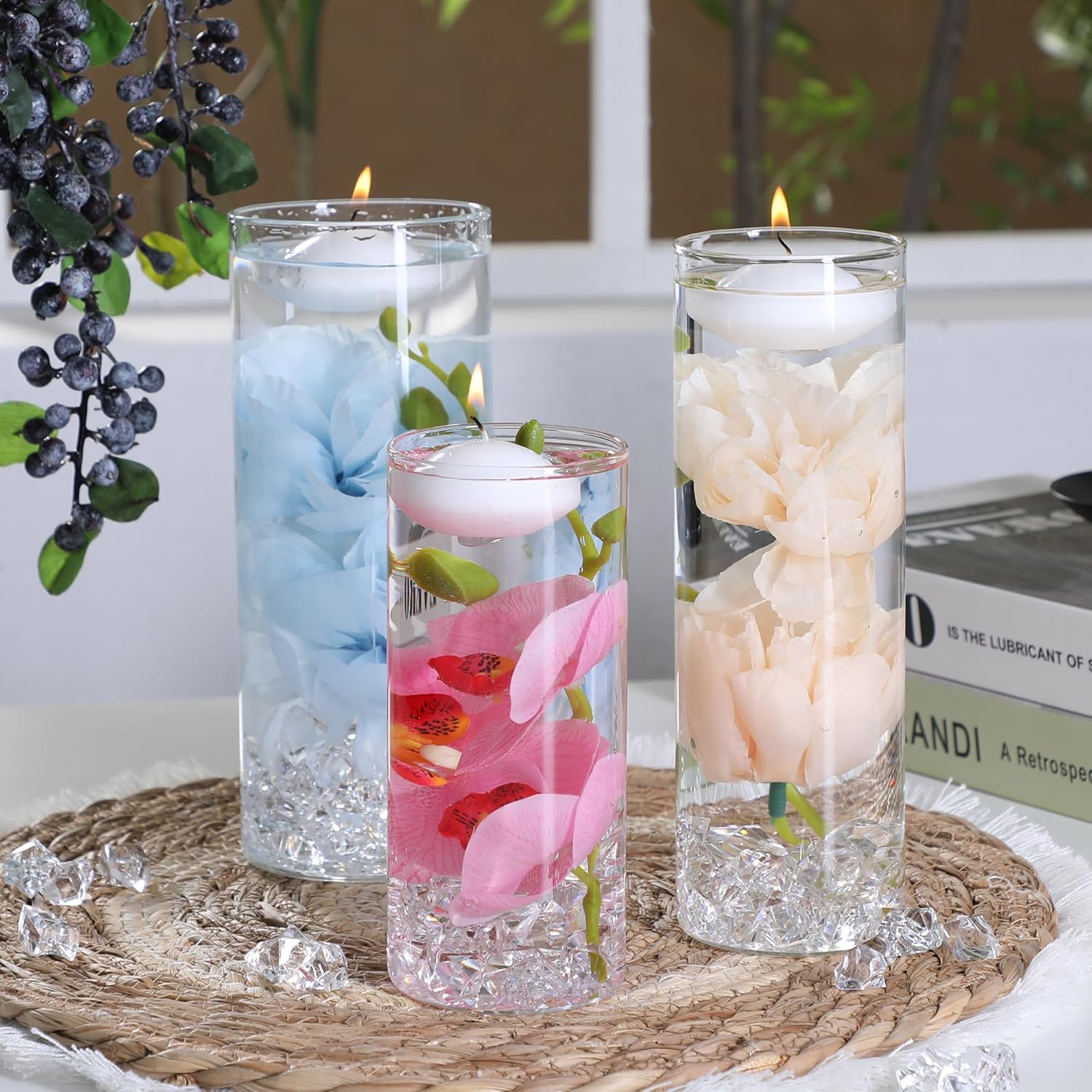 20 White Floating Candles and 16 Glass Vases Centerpiece Set