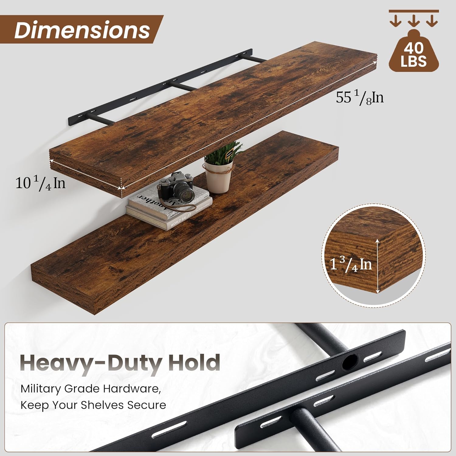 55 Inch Floating Shelves for Wall with Heavy Duty Brackets