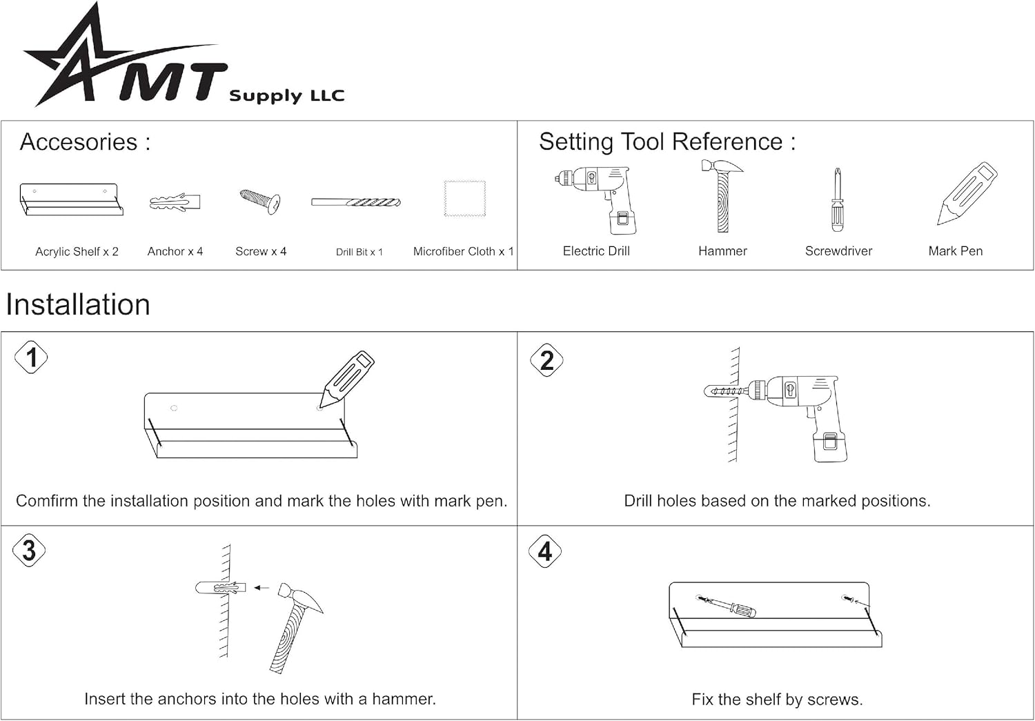 AMT 2 Pack Clear Acrylic Floating Shelves 15x4 Inch