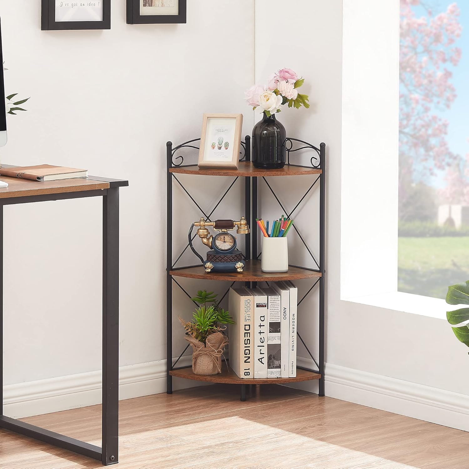 VECELO Corner Table with Storage Shelves for Compact Space