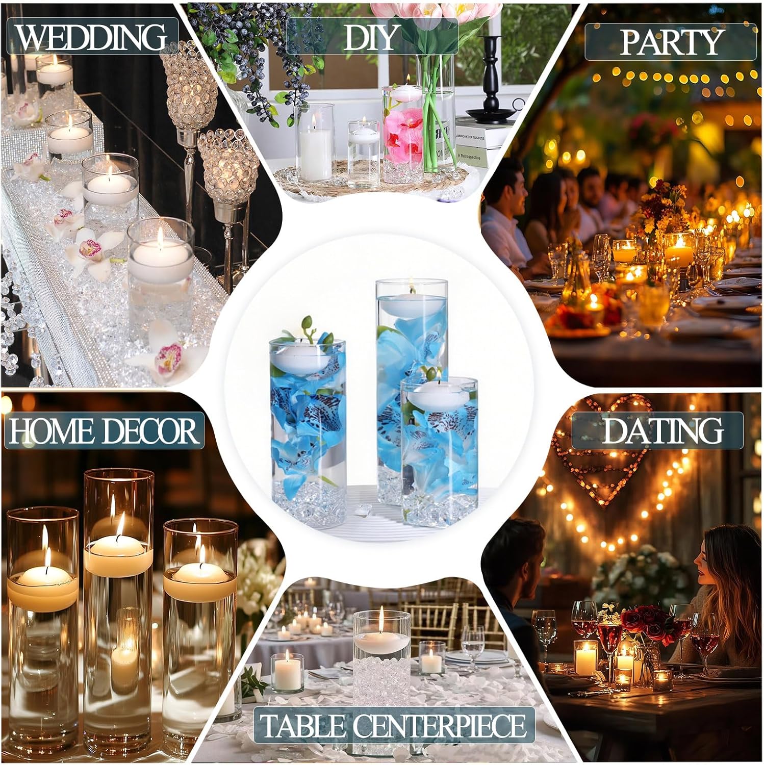 20 White Floating Candles and 16 Glass Vases Centerpiece Set