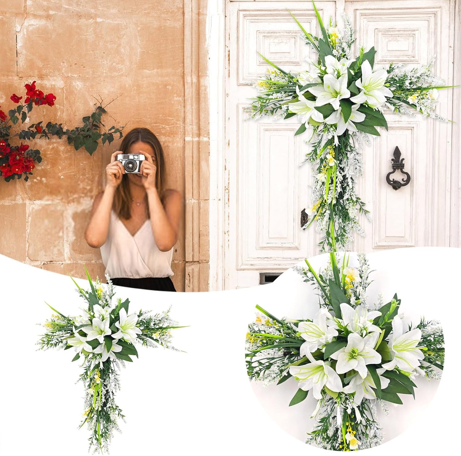 20 Inch Cross Wreath Artificial Lily Purple Easter Decor