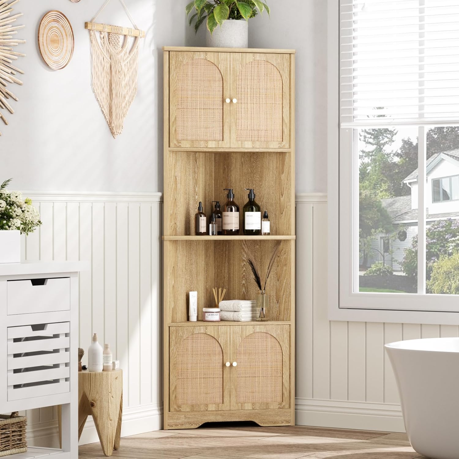 67 Inch Tall Corner Cabinet with Handmade Rattan Door